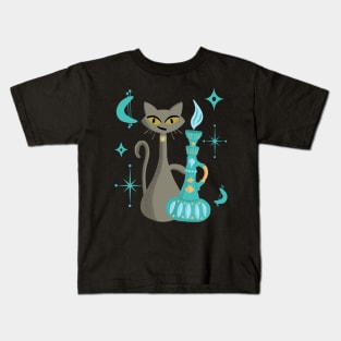 Mid-Century Modern Mischievous Cat with Genie Lamp Kids T-Shirt